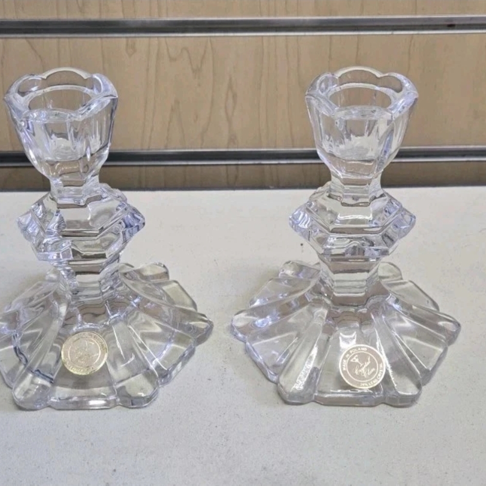 Pair of 24% Lead Crystal 4.75" Candle Holders Made In Poland By Crystal Clear